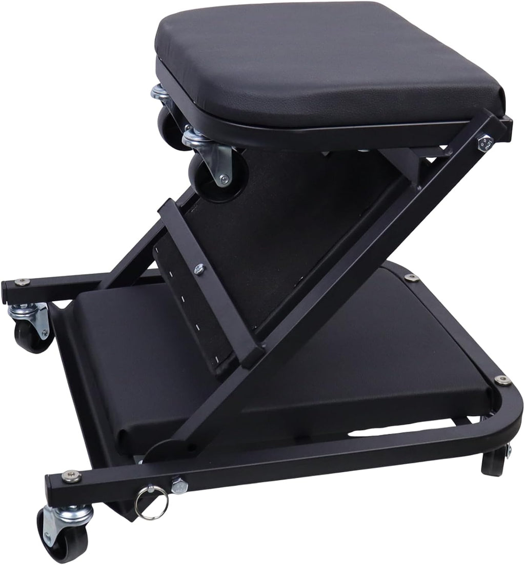 2-in-1 Mechanic Creeper and Stool, 300 lbs Capacity, Heavy-Duty Steel Frame, 360° Swivel Casters, Padded Cushions