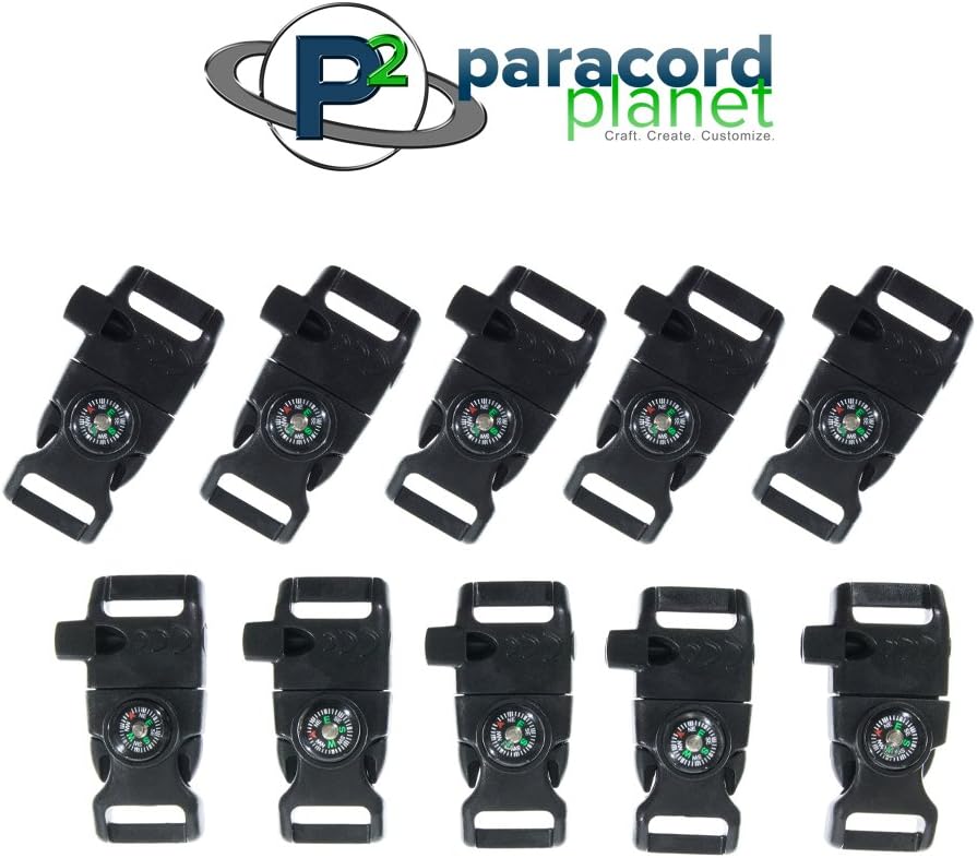 Black 5/8 Inch Compass Buckle with Flint Scraper, Fire Starter, and Whistle - Plastic Paracord Bracelet Buckle for
