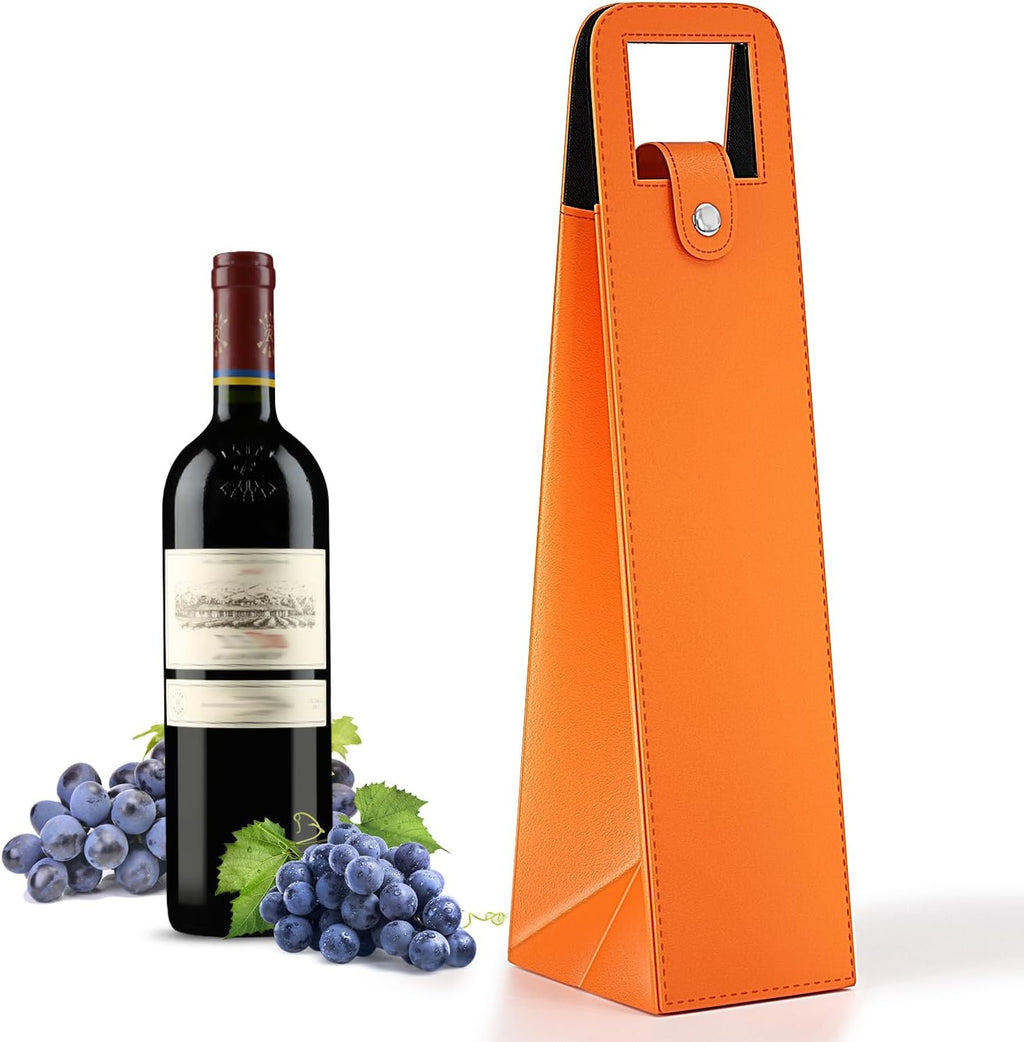Orange Wine Gift Bag, Leather Wine Tote, Single Bottle Wine Carrier