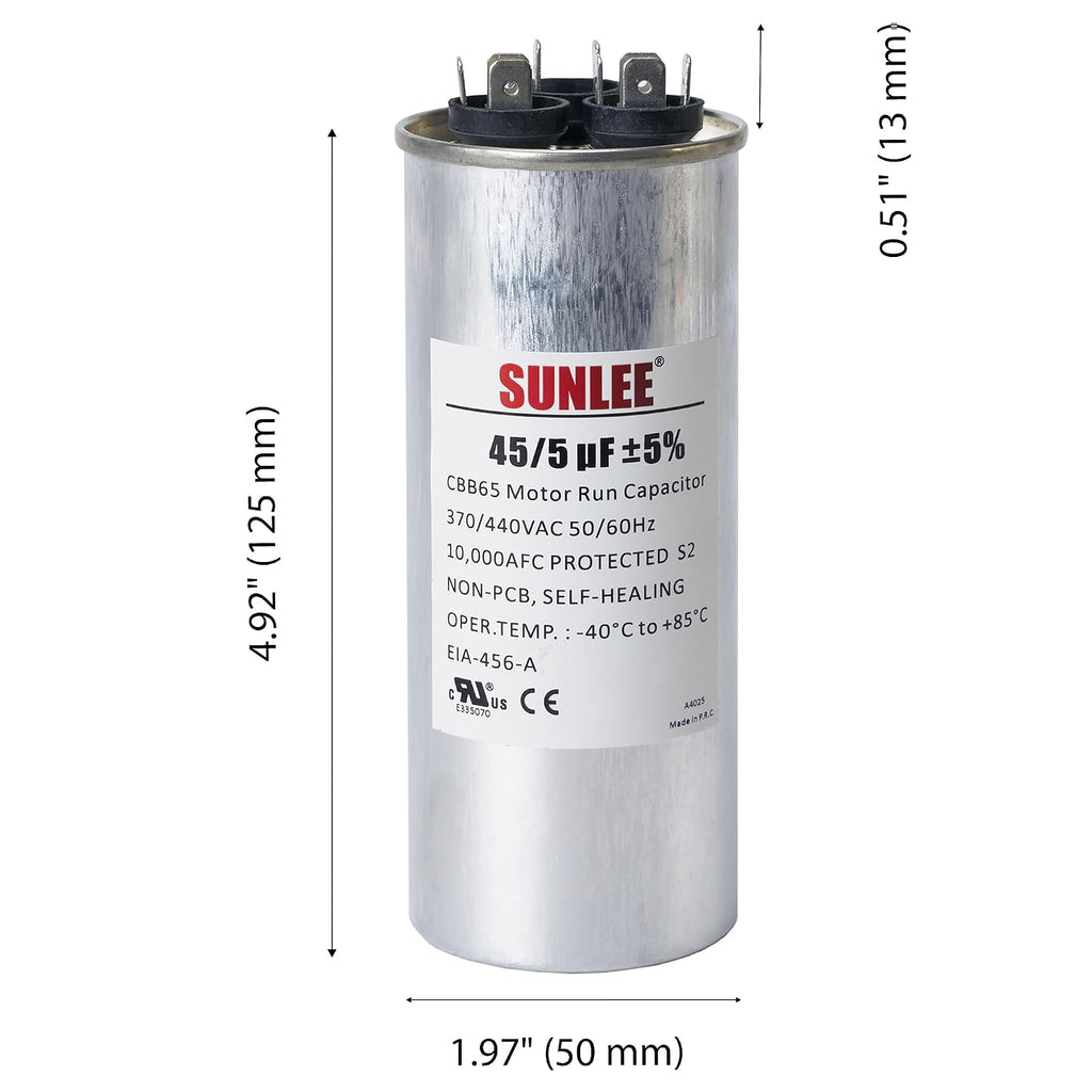 SUNLEE AC Capacitor 45/5 uF 370V / 440V CBB65 Dual Run Round - 45/5 MFD Run Capacitor for HVAC, Air Conditioner Condenser - UL Recognized & 5 Year Warranty