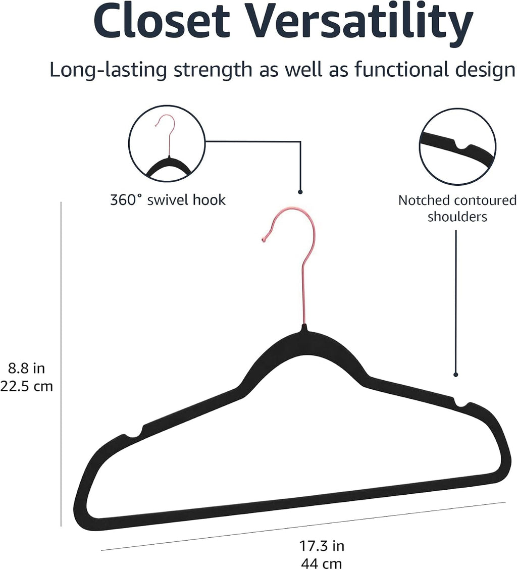 Slim Velvet Non-Slip Space Saving Suit Clothes Hangers for Closet Organization, Black/Rose Gold, 50-Pack