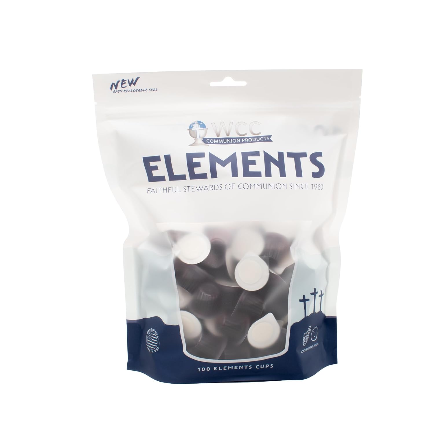 Elements Bagged Prefilled Communion Cups - 100 Count | Concord Juice + Wafer | Display-Friendly Packaging for Church