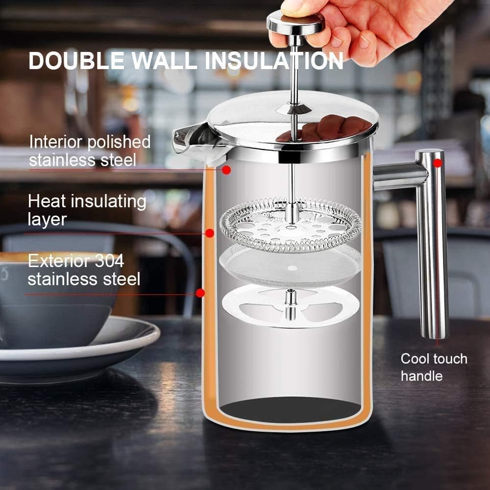 French Press Coffee Maker, 304 Grade Stainless Steel Insulated Coffee Press with 2 Extra Screens, 12oz (0.35 Litre)