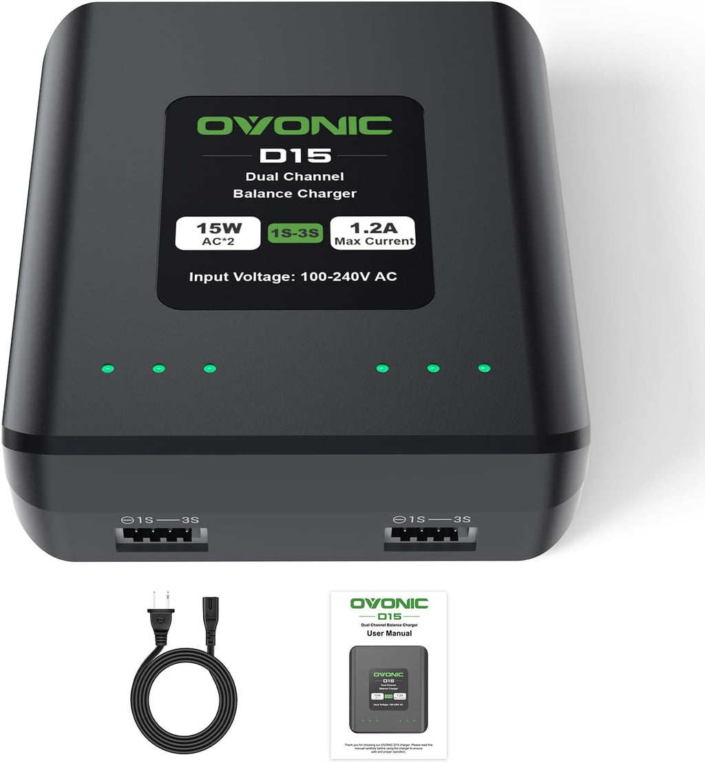 D15 Dual LiPo Battery Charger AC 15W 1.2A for 1S-3S LiPo Batteries, RC Battery Balance Charger for RC Cars, Boats