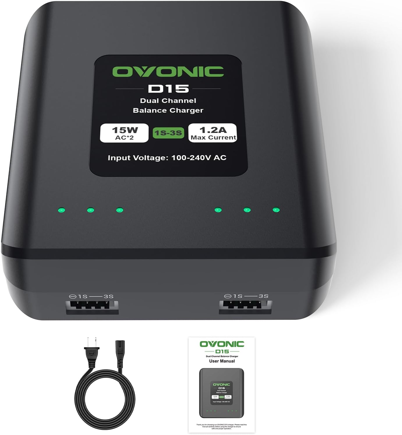 D15 Dual LiPo Battery Charger AC 15W 1.2A for 1S-3S LiPo Batteries, RC Battery Balance Charger for RC Cars, Boats