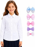 White Wrinkle-Free Girls Shirt: School Uniform Bowtie | Long Sleeve Button Down Dress Blouse, Collared Cotton Oxford