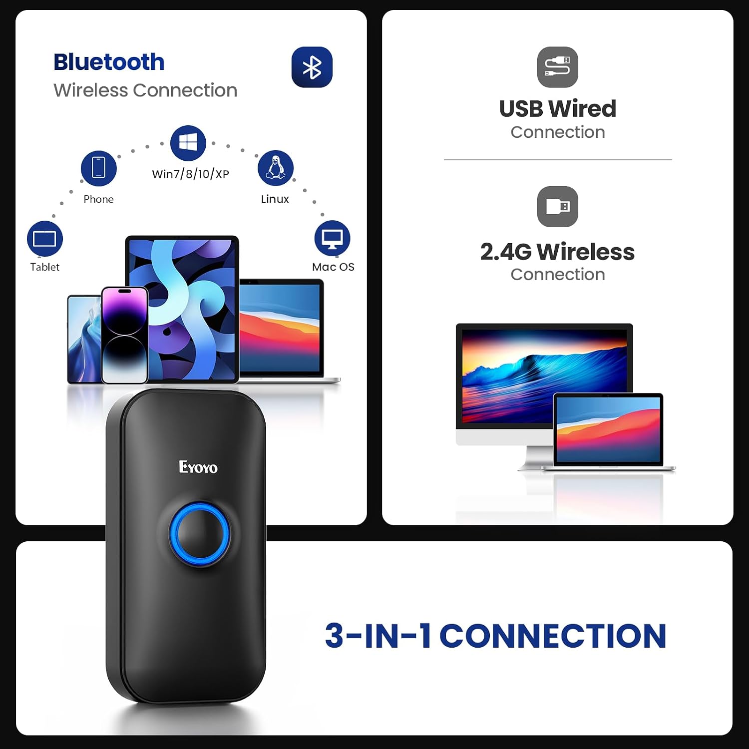 Mini 1D Bluetooth Barcode Scanner | 3-in-1 Bluetooth & USB Wired & 2.4G Wireless, Portable Bar Code Reader, Work with