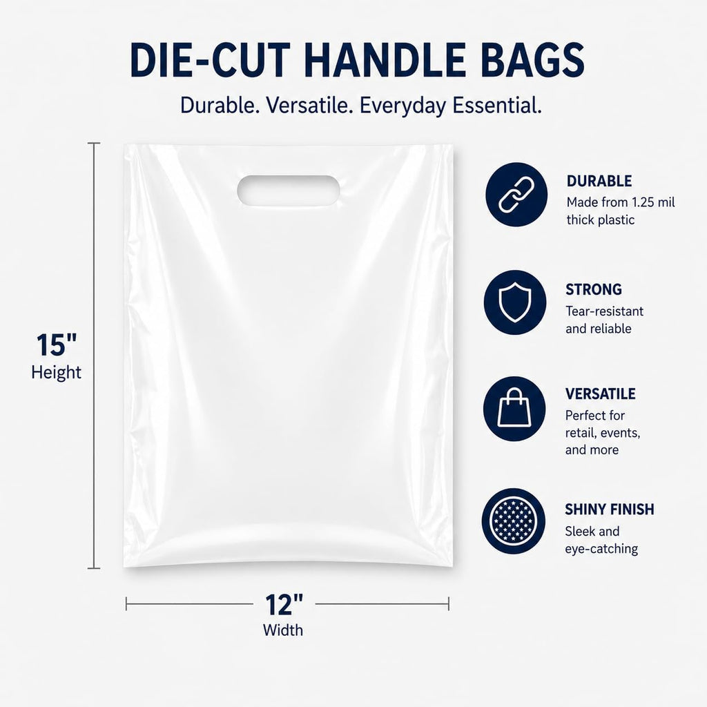 100 Count White Merchandise Bags 12" x 15" with Die-Cut Handles