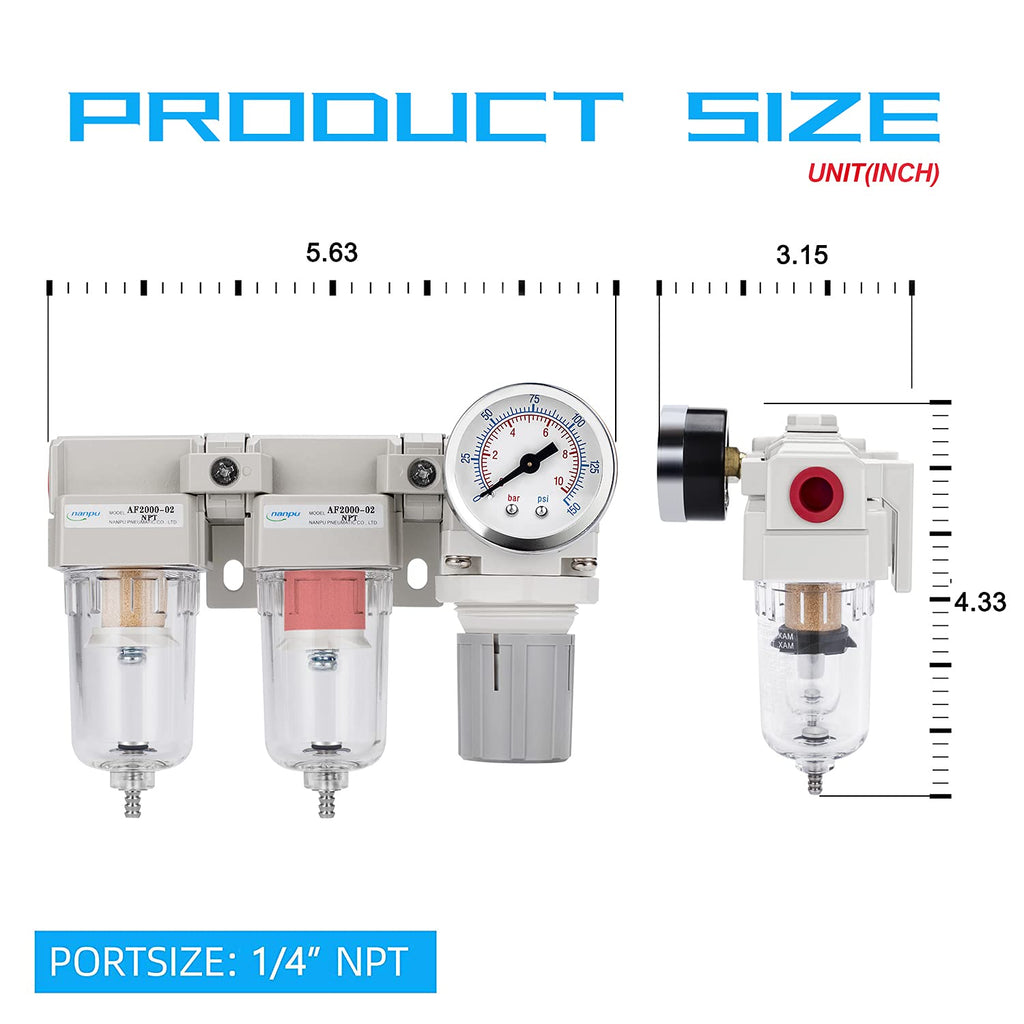 NANPU 1/4" NPT Air Drying System, 0.01-Micron Coalescing Filter Regulator