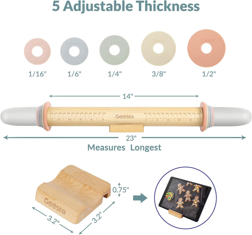 Adjustable Wood Rolling Pin with 5 Thickness Rings, Precise Dough Roller Handle Press Design with Measurement Guide