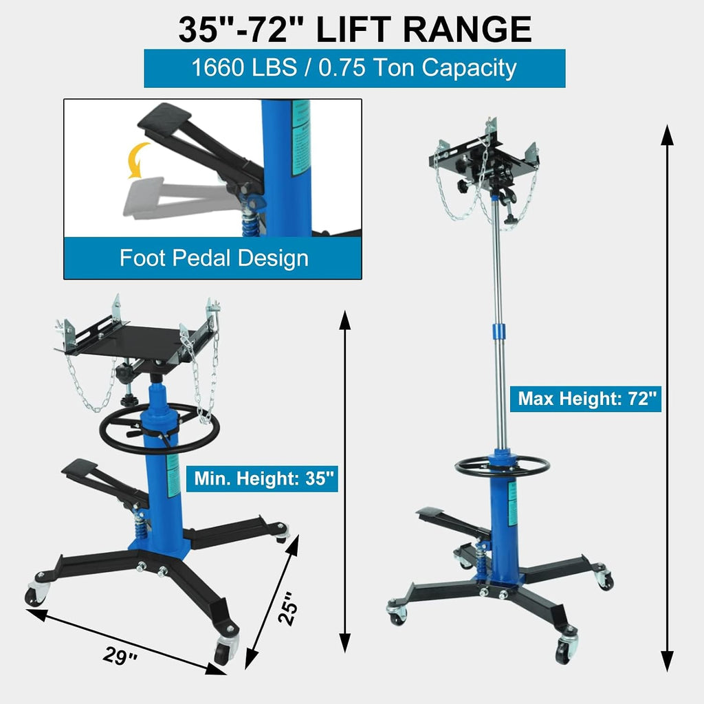 Transmission Jack, 1660lbs / 0.75 Ton 2 Stage Hydraulic Telescopic Jack with Foot Pedal, 35" - 72" Adjustable Height