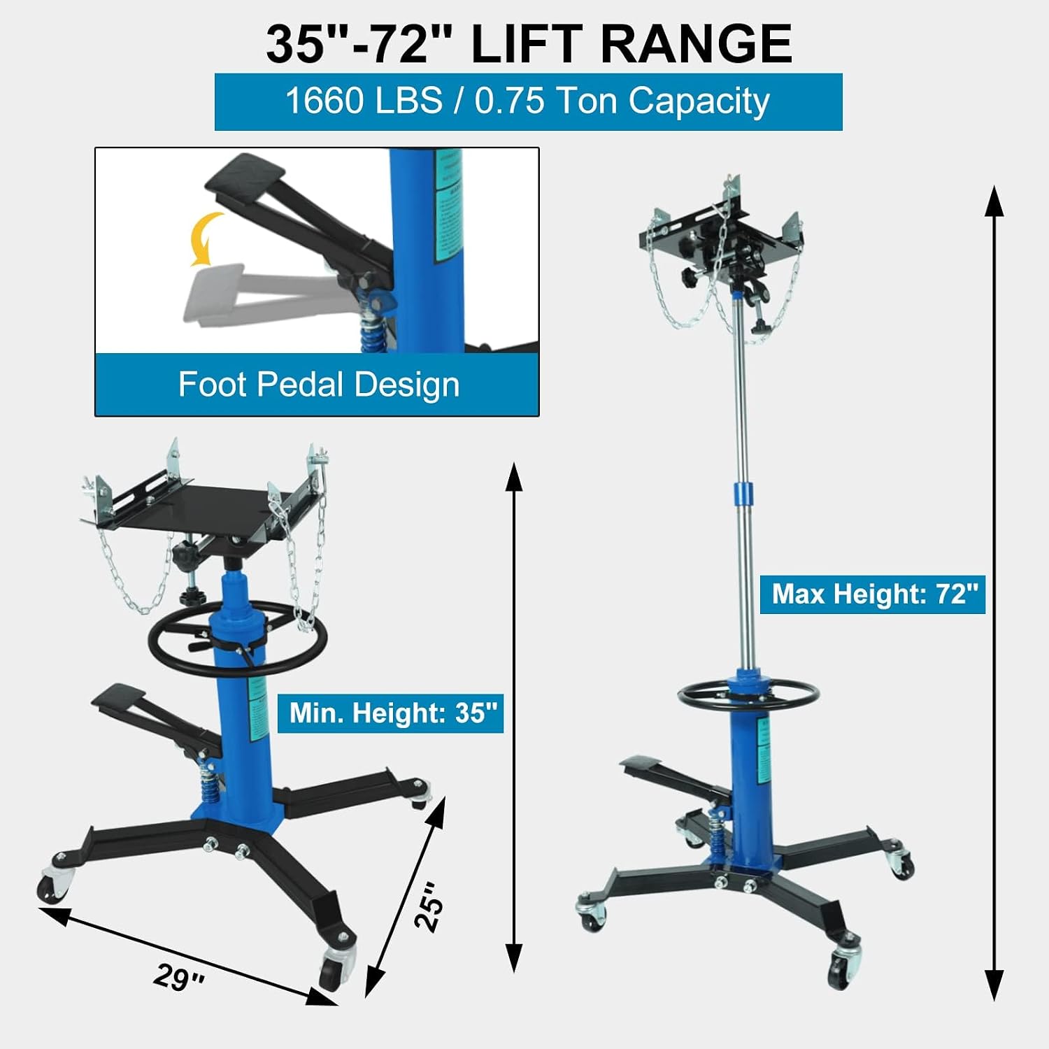 Transmission Jack, 1660lbs / 0.75 Ton 2 Stage Hydraulic Telescopic Jack with Foot Pedal, 35" - 72" Adjustable Height