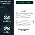 #10-24 Brass Threaded Inserts (50-Pack), Heat Set Knurled Nuts for 3D Printing & Plastics, 1/4" Height, Female Threaded Brass Inserts