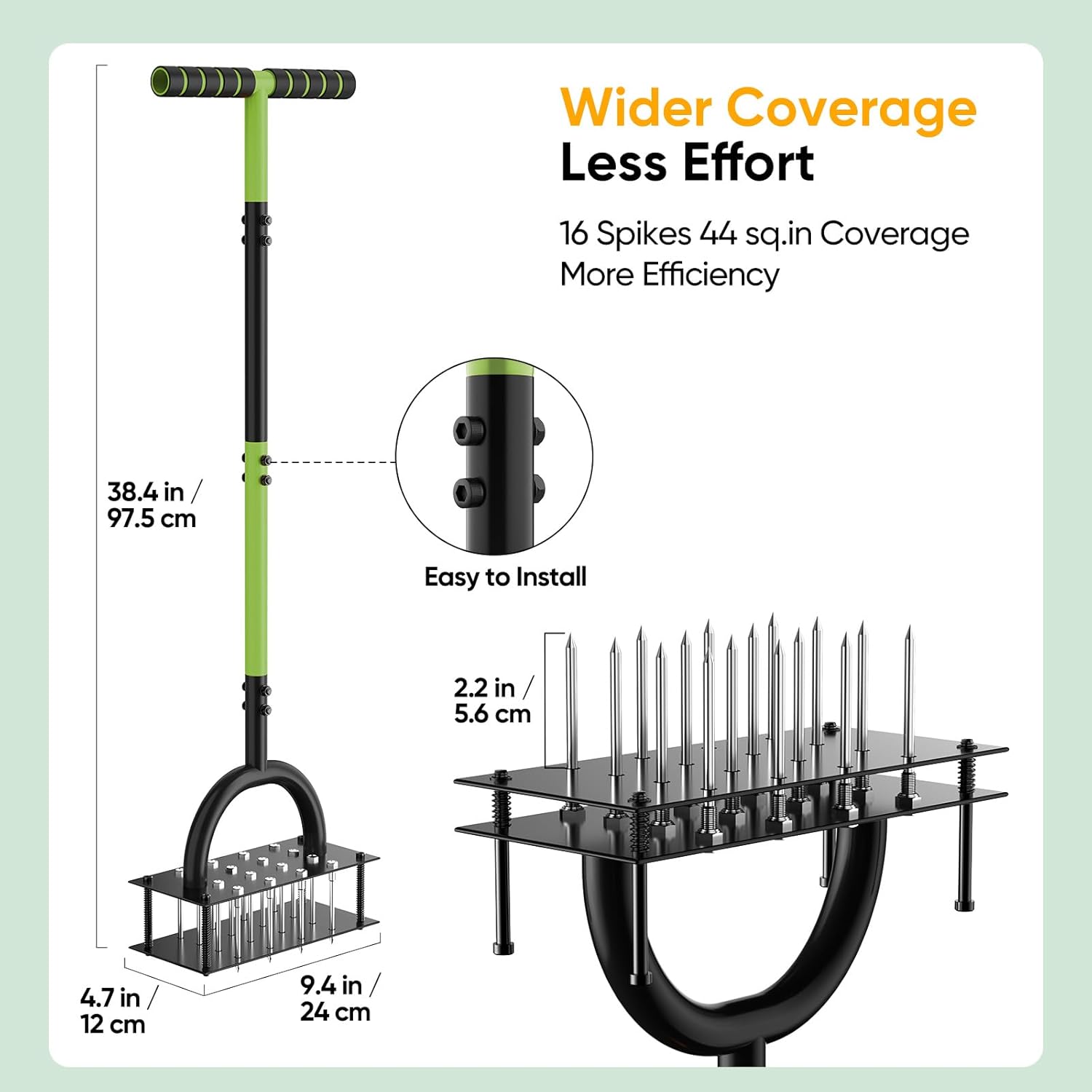 Lawn Aerator Tool with 16 Spikes, Manual Yard Aerator, Black Green | 16-Spike metal design with automatic soil