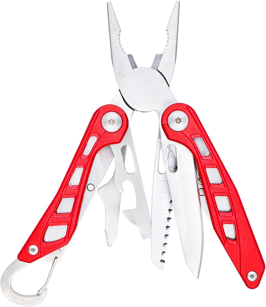 8-in-1 Stainless Steel Multitool with Safety Lock and Nylon Sheath, Red