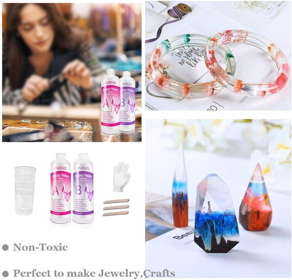 Epoxy Resin Crystal Clear Kit for Art, Jewelry, Crafts, Coating- 16 OZ Including 8OZ Resin and 8OZ Hardener | Bonus 4