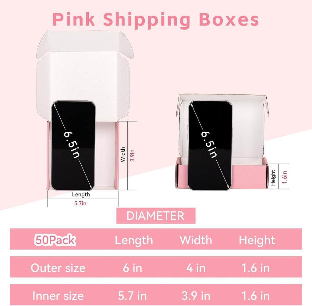 6x4x1.6 Pink Shipping Boxes for Small Business, 50 Pack Small Shipping boxes, Corrugated Cardboard Boxes for Shipping