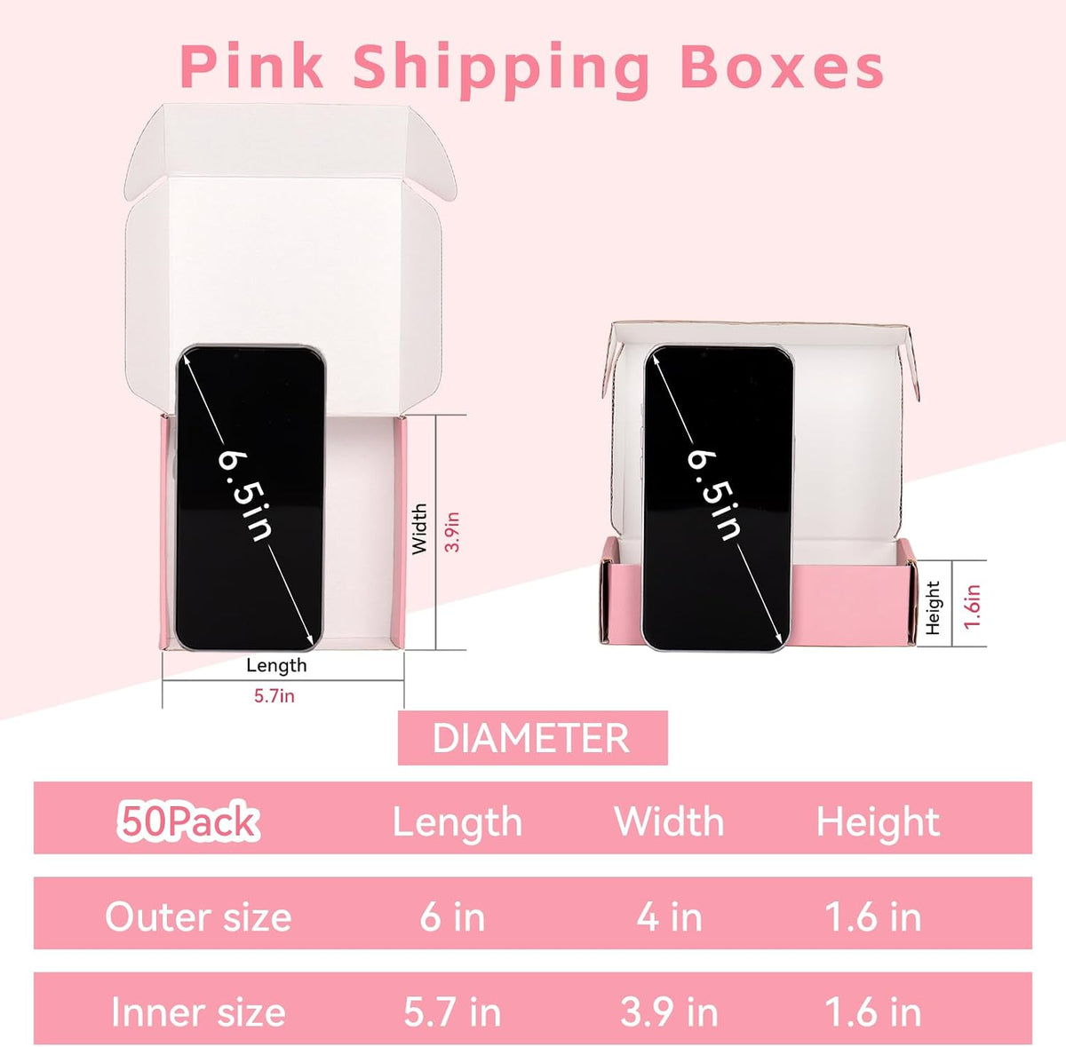 6x4x1.6 Pink Shipping Boxes for Small Business, 50 Pack Small Shipping boxes, Corrugated Cardboard Boxes for Shipping