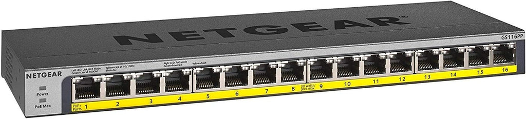 PoE Switch 16 Port Gigabit Ethernet Unmanaged Network Switch (GS116PP) - with 16 x PoE+ @ 183 W, Desktop, Wall Mount