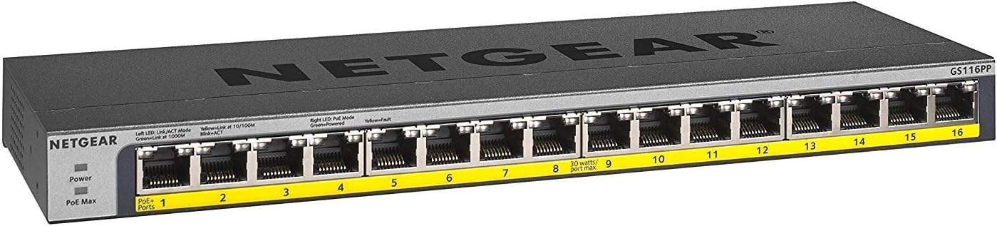 PoE Switch 16 Port Gigabit Ethernet Unmanaged Network Switch (GS116PP) - with 16 x PoE+ @ 183 W, Desktop, Wall Mount