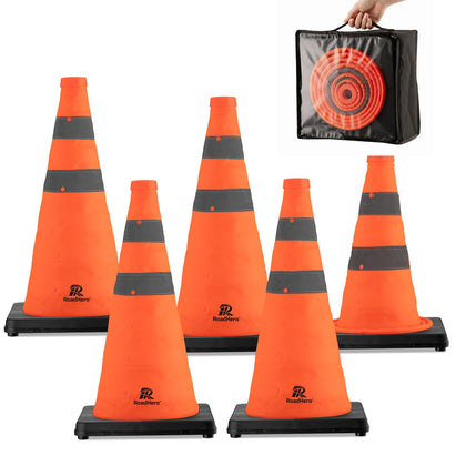 5 Pack 18 Inch Collapsible Traffic Cones with Black Base | Bag for Storage, Orange Cones with Reflective Collar for