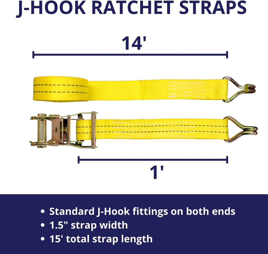 Ratchet Tie Down Straps, 1.5 in x 15 ft, 4,400 lb Breaking Strength, J-Hook, 10-Pack