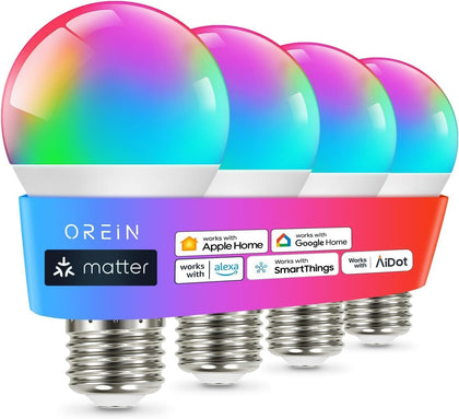 Matter Smart Light Bulb, A19 RGBTW Color Changing Light Bulbs, 4 Pack