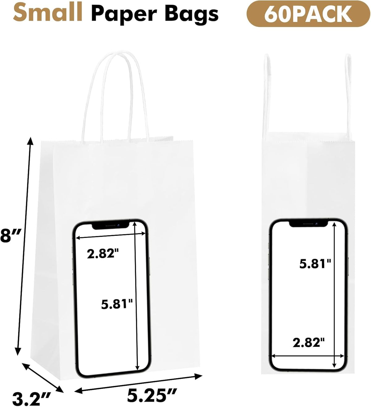60pcs Small White Paper Gift Bags with Handles Bulk, 5.25x3.2x8in
