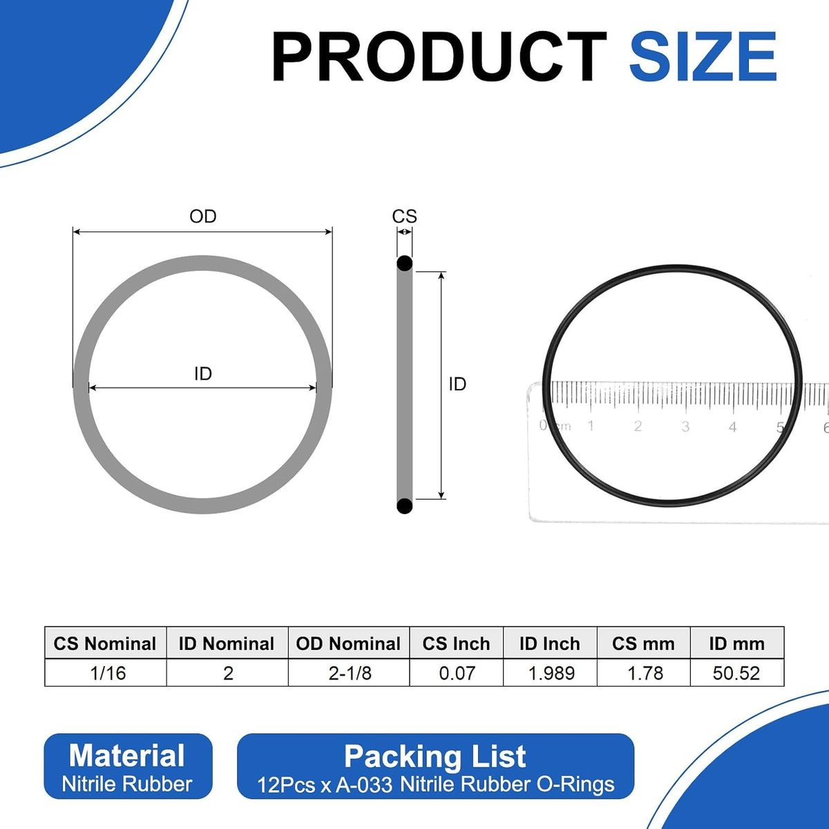 uxcell 12Pcs AS-033 Nitrile Rubber O-Rings 2" ID 2-1/8" OD 1/16" W