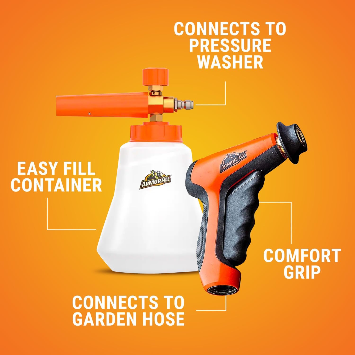 2-in-1 Foam Cannon Kit for Garden Hoses and Power Washers | 3-piece car washing kit with 40-ounce reservoir, marked