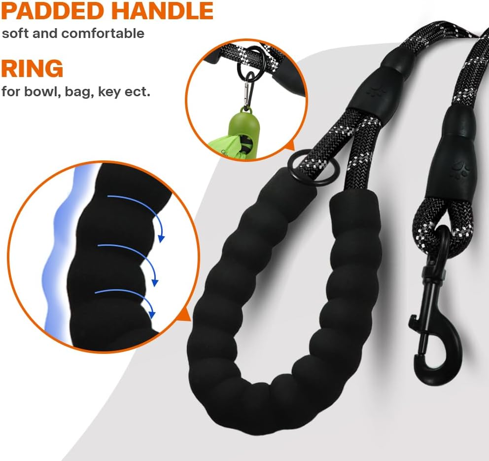 Rope Dog Leash 6 FT with Comfortable Padded Handle, Highly Reflective Threads Leash and Anti-Tangle Clip for Walking