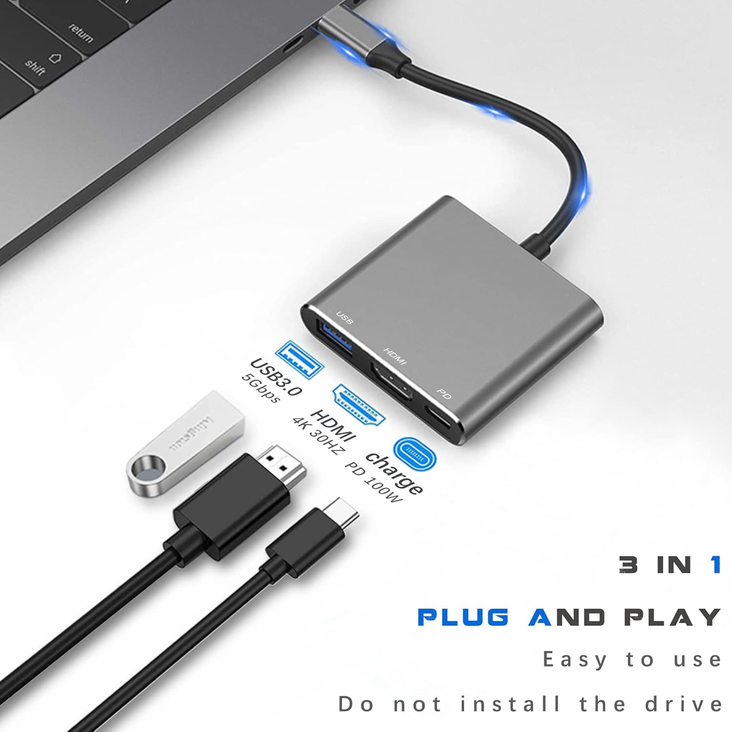 USB C to HDMI Multiport Adapter with Charging Port, HDMI to USB C Hub Adapter for Monitor to Laptop, USB-C to USB 3.0
