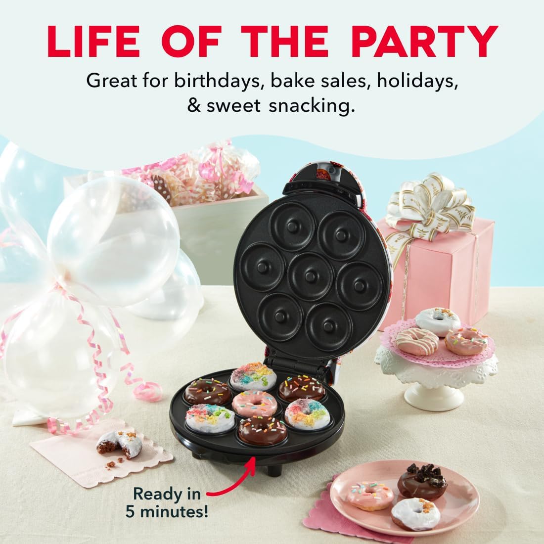 Mini Donut Maker Machine for Kid-Friendly Breakfast, Snacks, Desserts & More with Non-stick Surface, Makes 7