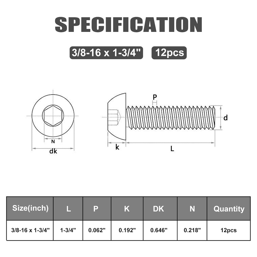 VGBUY 12Pcs 3/8-16 x 1-3/4" Button Head Socket Cap Bolts Screws, 304 Stainless Steel 18-8, Allen Hex Drive, Bright Finish, Fully Threaded, Hex Spanner Included