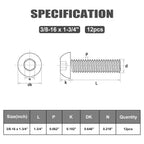 VGBUY 12Pcs 3/8-16 x 1-3/4" Button Head Socket Cap Bolts Screws, 304 Stainless Steel 18-8, Allen Hex Drive, Bright Finish, Fully Threaded, Hex Spanner Included