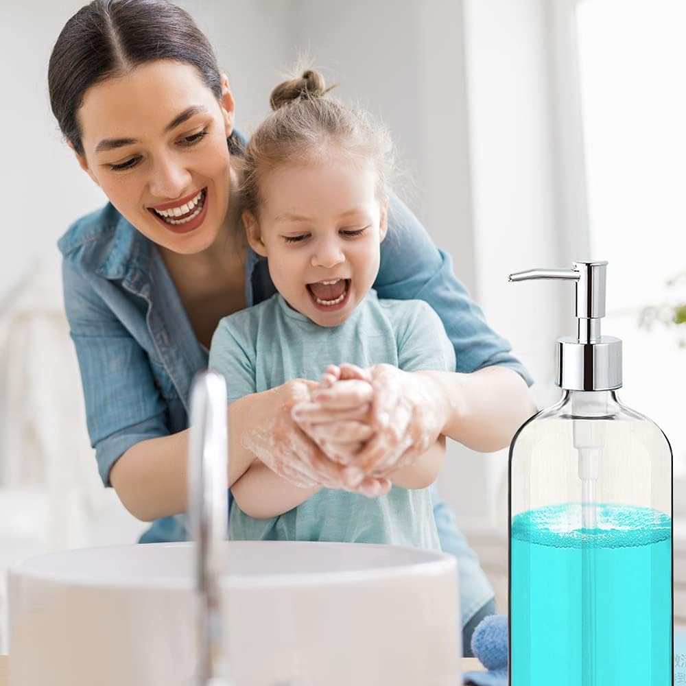 Clear Soap Dispenser with Rust Proof Pump, Waterproof Labels (2 Pack,16 Oz), Plastic Hand Soap Dish Soap Dispenser