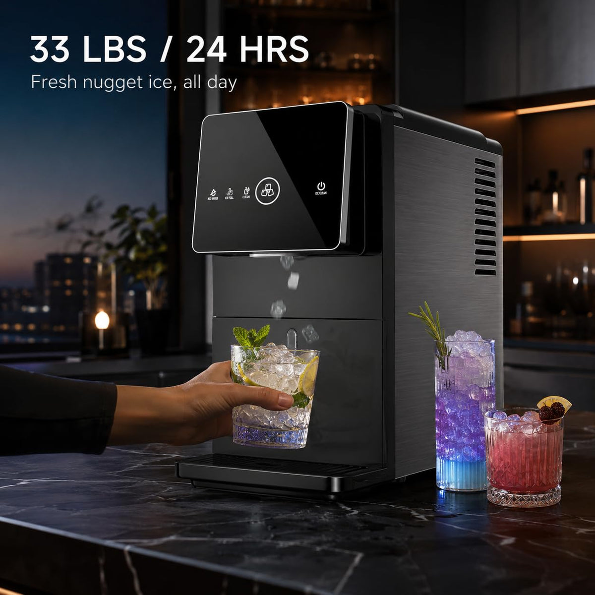Nugget Ice Maker Countertop, 33LBS/24H Ice Machine with Soft Chewable Ice, One-Click, Self-Cleaning Function