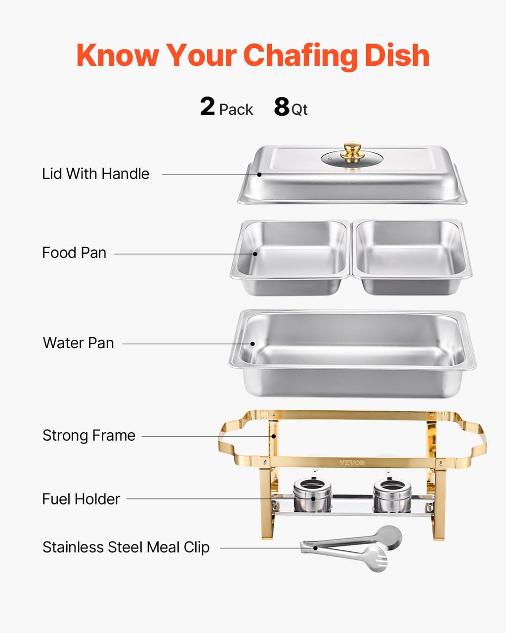 Chafing Dish Buffet Set,8 Qt 2 Pack, Stainless Steel Chafer with 4 Half Size Pans, Rectangle Catering Warmer Server