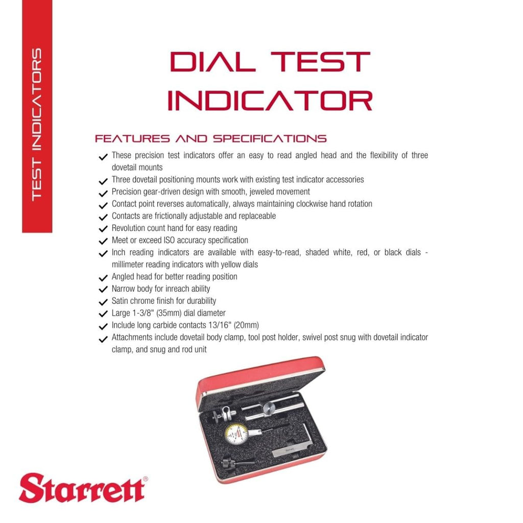 Starrett Dial Test Indicator, 1-3/8" Dia, .0005" Graduation, .030" Range