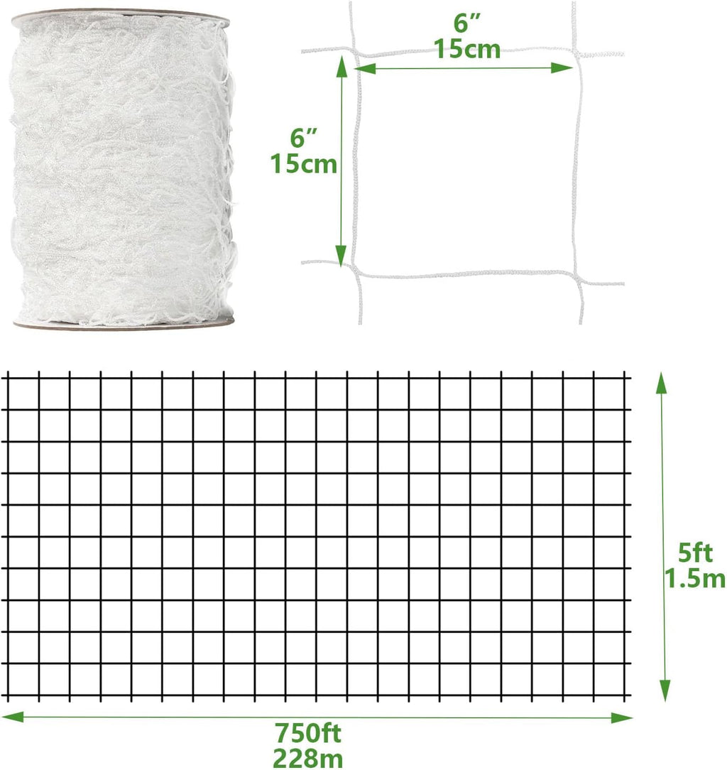 Nylon Trellis Netting Roll 5 x 750 ft, 6 Inch Soft Mesh, Heavy Duty Reinforced Garden Plant Support Mesh for Vertical