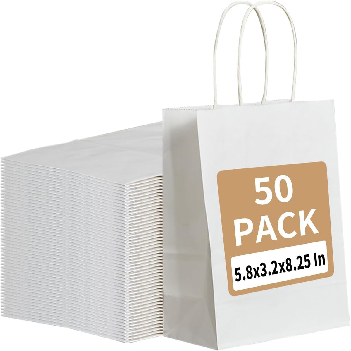 Small White Gift Paper Bags 50 Pack 5.8x3.2x8.25 in with Handles