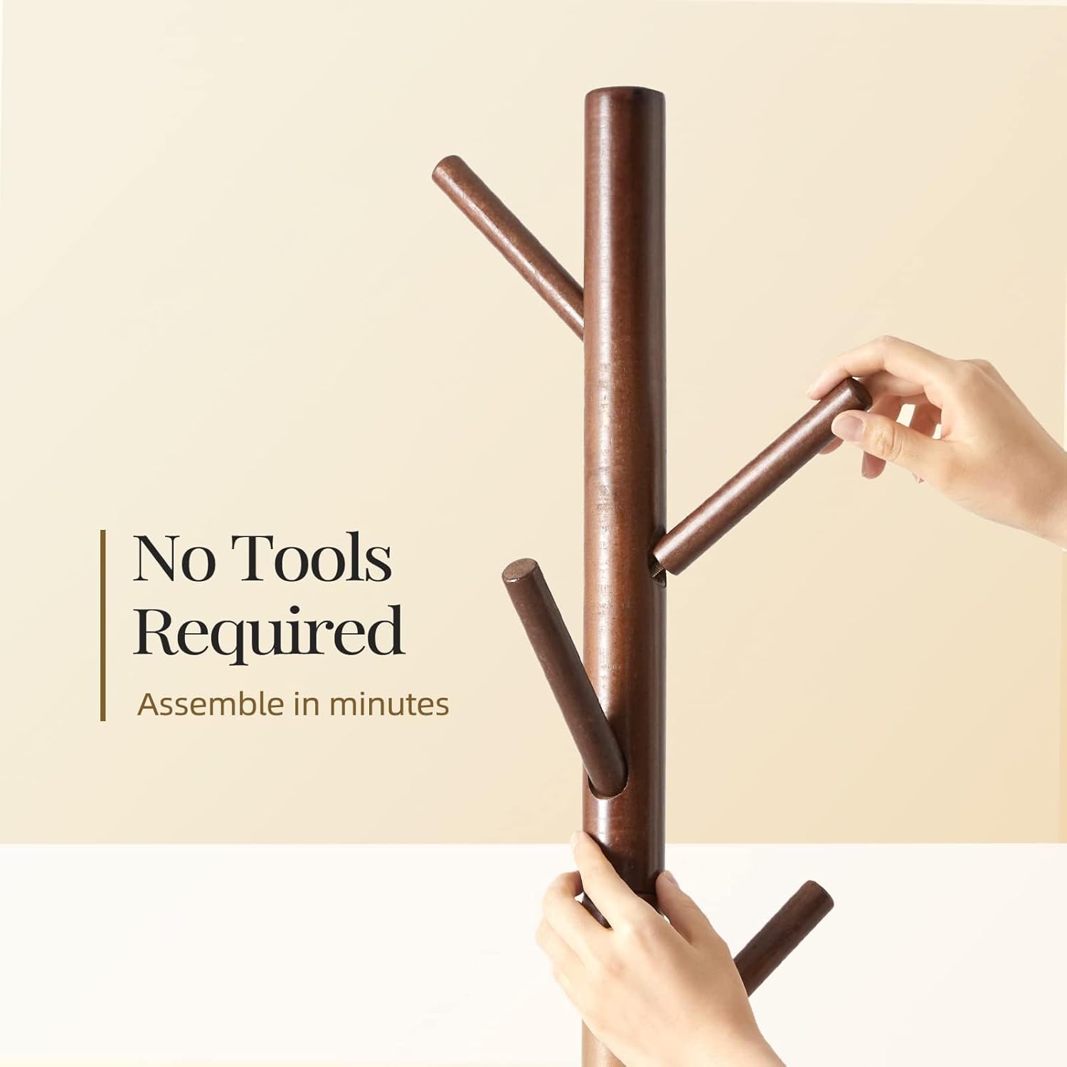Solid Wooden Coat Rack Freestanding, Hall Tree with 8 Hooks, 3 Height Options for Coats, Hats, Handbags, and Scarves