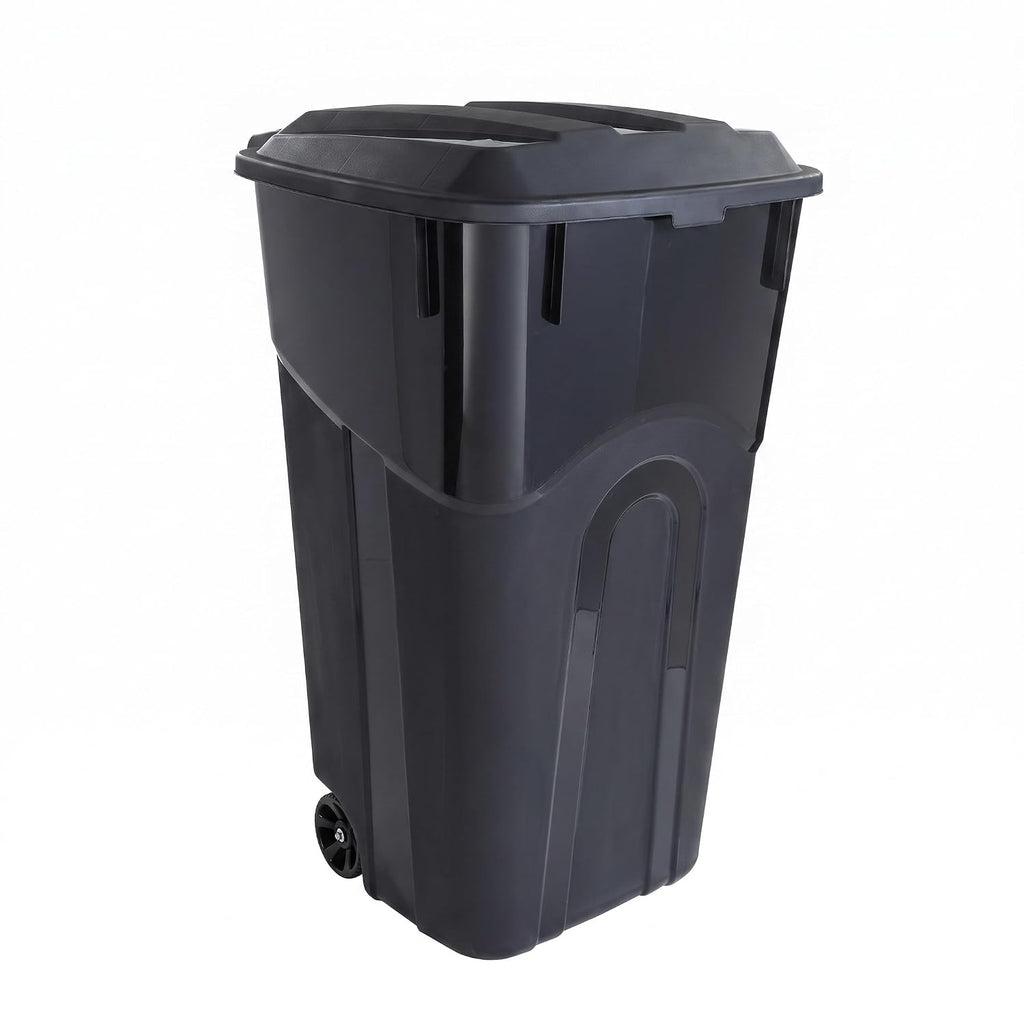 32 Gallon Wheeled Trash Can Heavy Duty Garbage Bin Attached Lid Black | Bottom Grip Handle;Easy Tilt & Dump