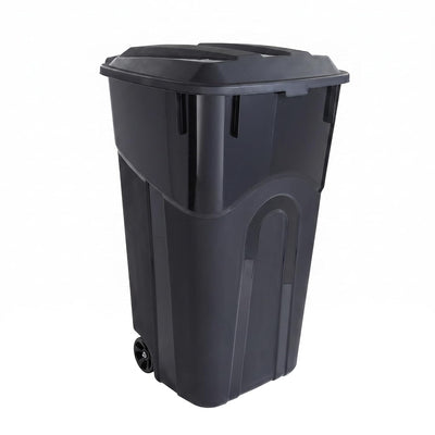 32 Gallon Wheeled Trash Can Heavy Duty Garbage Bin Attached Lid Black | Bottom Grip Handle;Easy Tilt & Dump