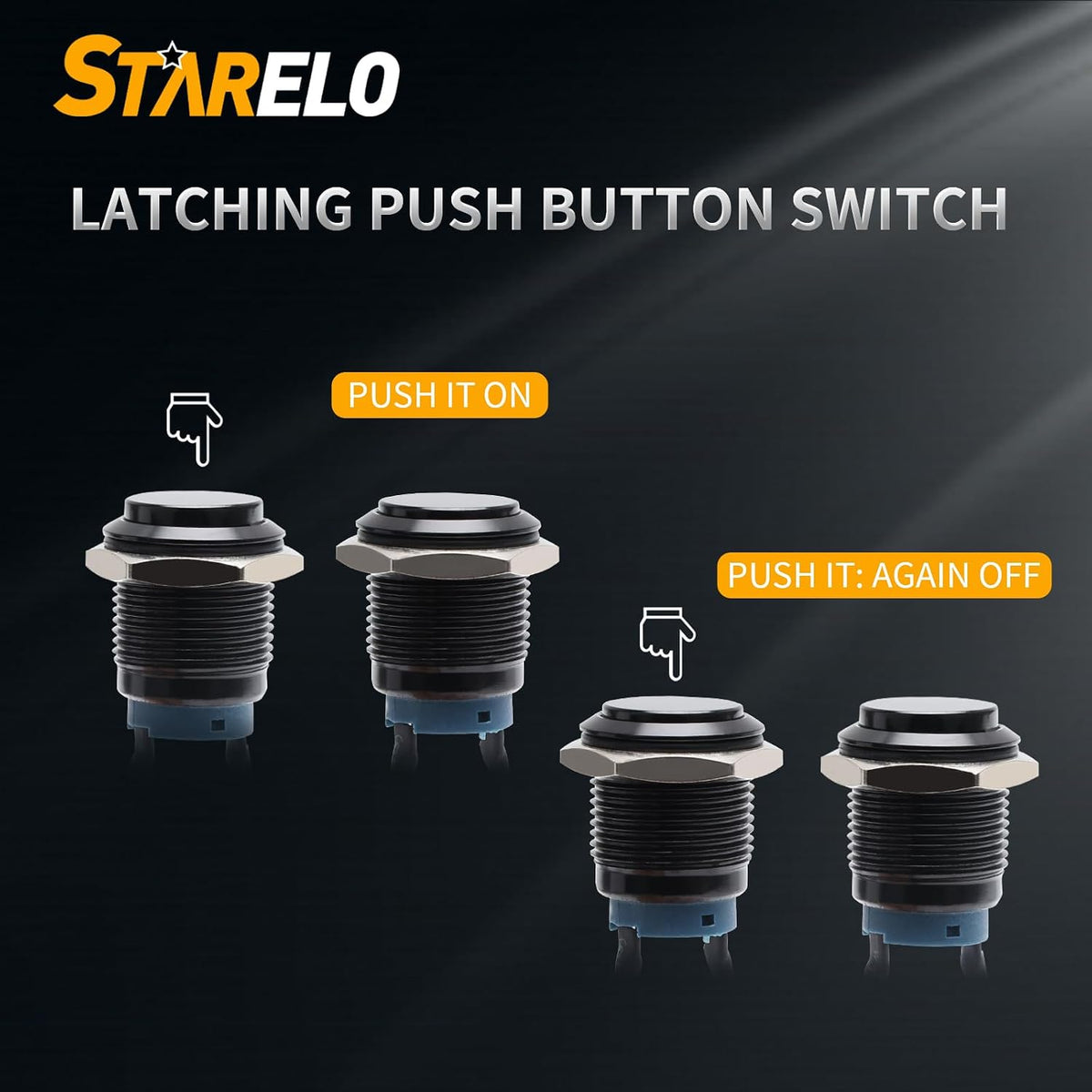 STARELO 5pcs 16mm Latching Push Button Switch Black Shell with pre-Wiring, IP65 Waterproof Push Button Switch,Aluminum Alloy 1 Normally Open Without LED.