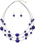 Layered Silver Beaded Necklace for Women Square Crystal Beads Statement Collar Necklace and Earrings Fashion Costumes