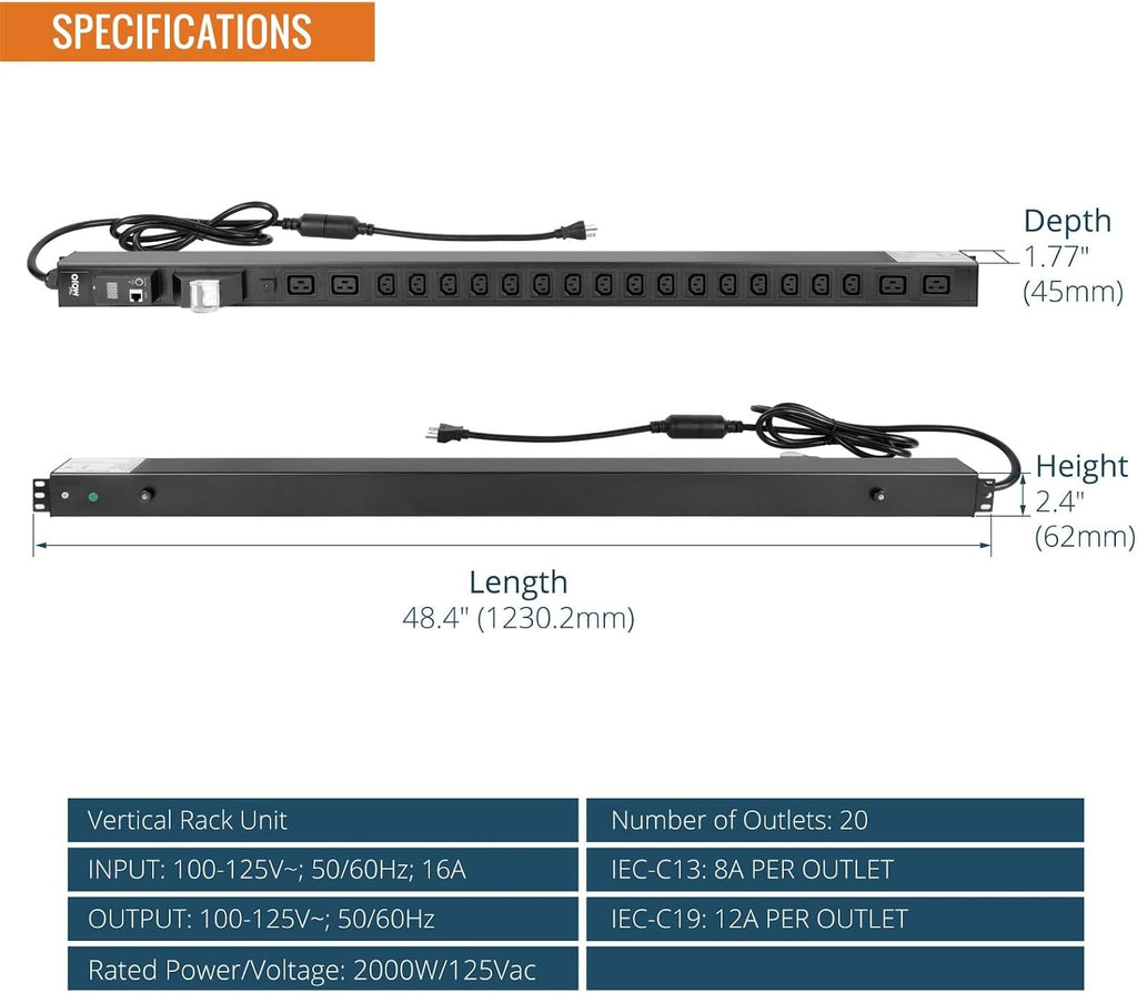 Tecmojo 20-Outlet 0U Metered Vertical PDU, 16 IEC C13 + 4 IEC C19, RS485 Modbus RTU (SKU# 13122002)
