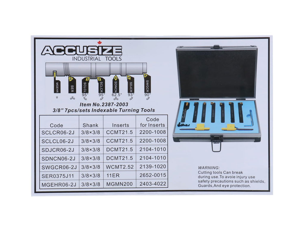 Accusize Industrial Tools 3/8'' Shank 7pc Indexable Carbide Turning Tool Set with TiN‑Coated Inserts, for Cutting Steel, 2387‑2003