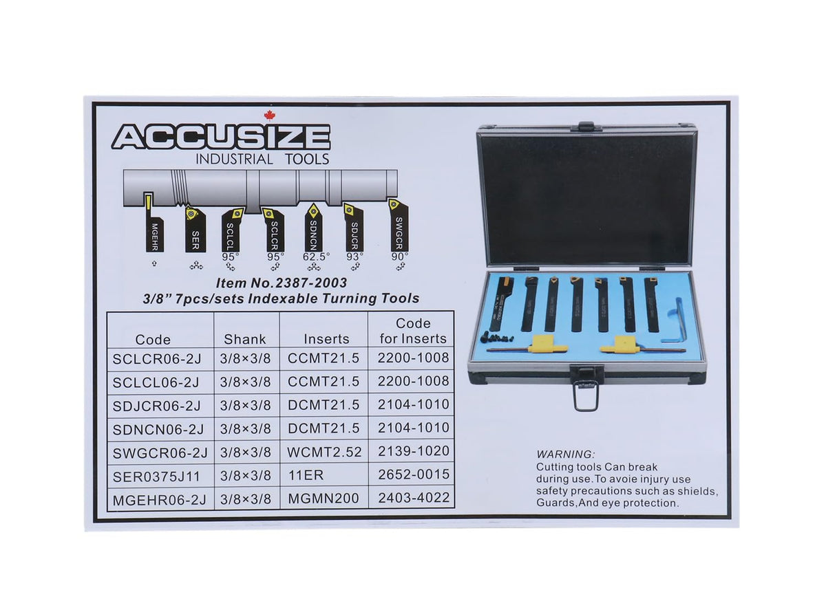 Accusize Industrial Tools 3/8'' Shank 7pc Indexable Carbide Turning Tool Set with TiN‑Coated Inserts, for Cutting Steel, 2387‑2003