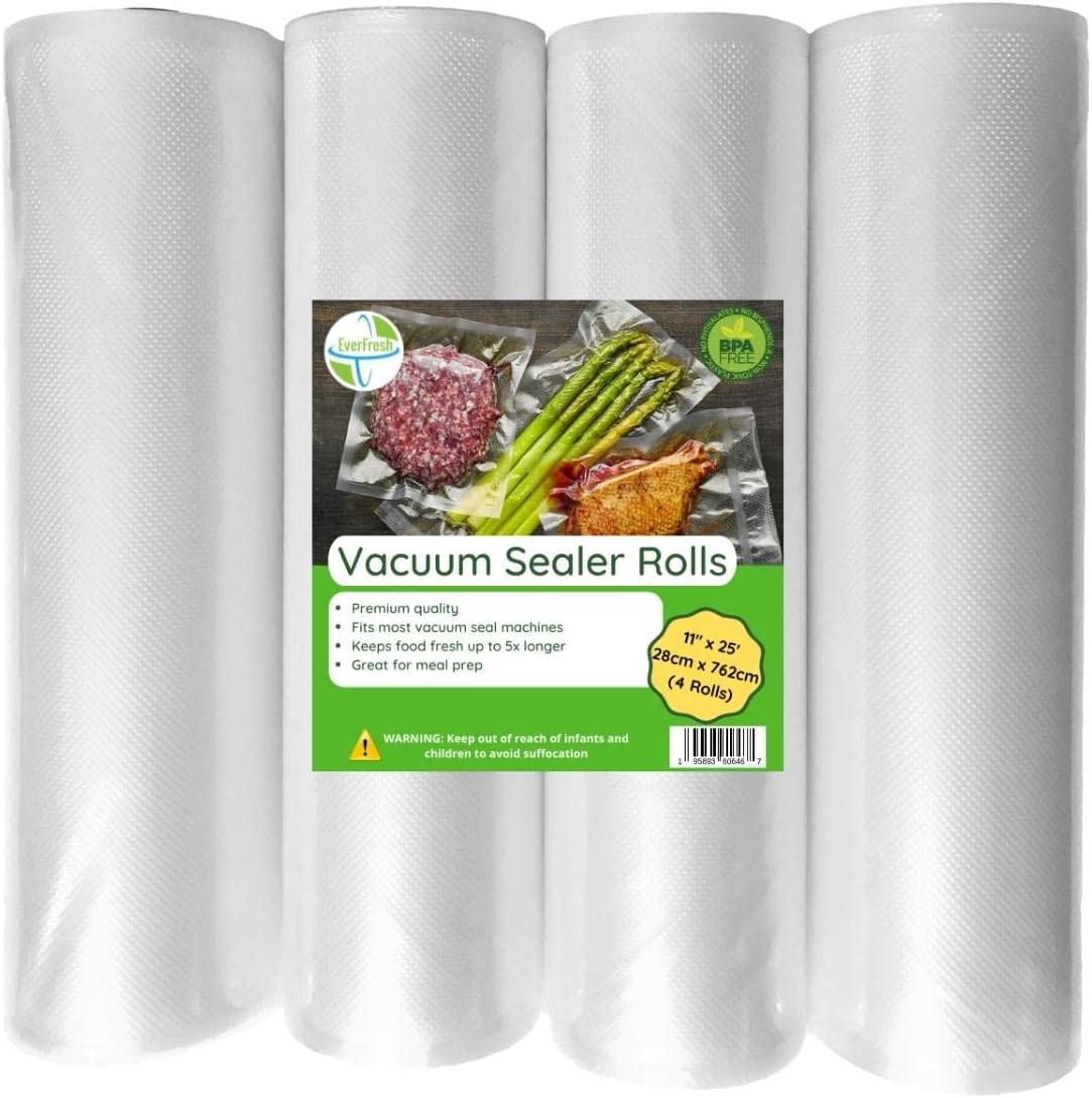 11" x 25' Vacuum Sealer Rolls, 4 Pack | 15% THICKER Embossing | Compatible with FoodSaver Machines, BPA Free